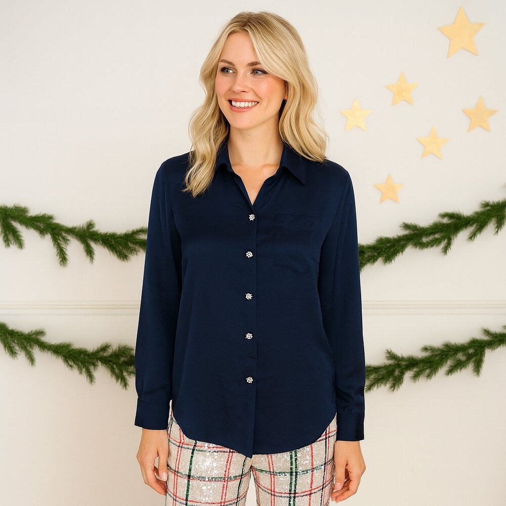 Alex & Lili Navy Blue Dressy Button Down Blouse w/ Rhinestone Buttons – Size M